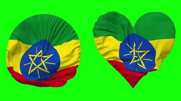 Ethiopia Flag in Heart and Round Shape Waving Seamless Looping, Looped Waving Slow Motion Flag, Chroma Key, 3D Rendering video