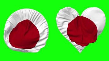 Japan Flag in Heart and Round Shape Waving Seamless Looping, Looped Waving Slow Motion Flag, Chroma Key, 3D Rendering video