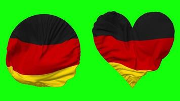 Alemania bandera en corazón y redondo forma ondulación sin costura bucle, serpenteado ondulación lento movimiento bandera, croma llave, 3d representación video