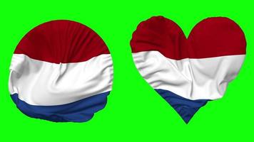 Netherlands Flag in Heart and Round Shape Waving Seamless Looping, Looped Waving Slow Motion Flag, Chroma Key, 3D Rendering video