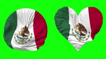 mexico bandera en corazón y redondo forma ondulación sin costura bucle, serpenteado ondulación lento movimiento bandera, croma llave, 3d representación video