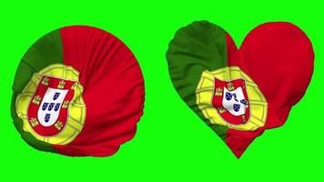 Portugal Flag in Heart and Round Shape Waving Seamless Looping, Looped Waving Slow Motion Flag, Chroma Key, 3D Rendering video