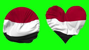 Yemen Flag in Heart and Round Shape Waving Seamless Looping, Looped Waving Slow Motion Flag, Chroma Key, 3D Rendering video