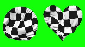 Racing Black and White Checkered Flag in Heart and Round Shape Waving Seamless Looping, Looped Waving Slow Motion Flag, Chroma Key, 3D Rendering video