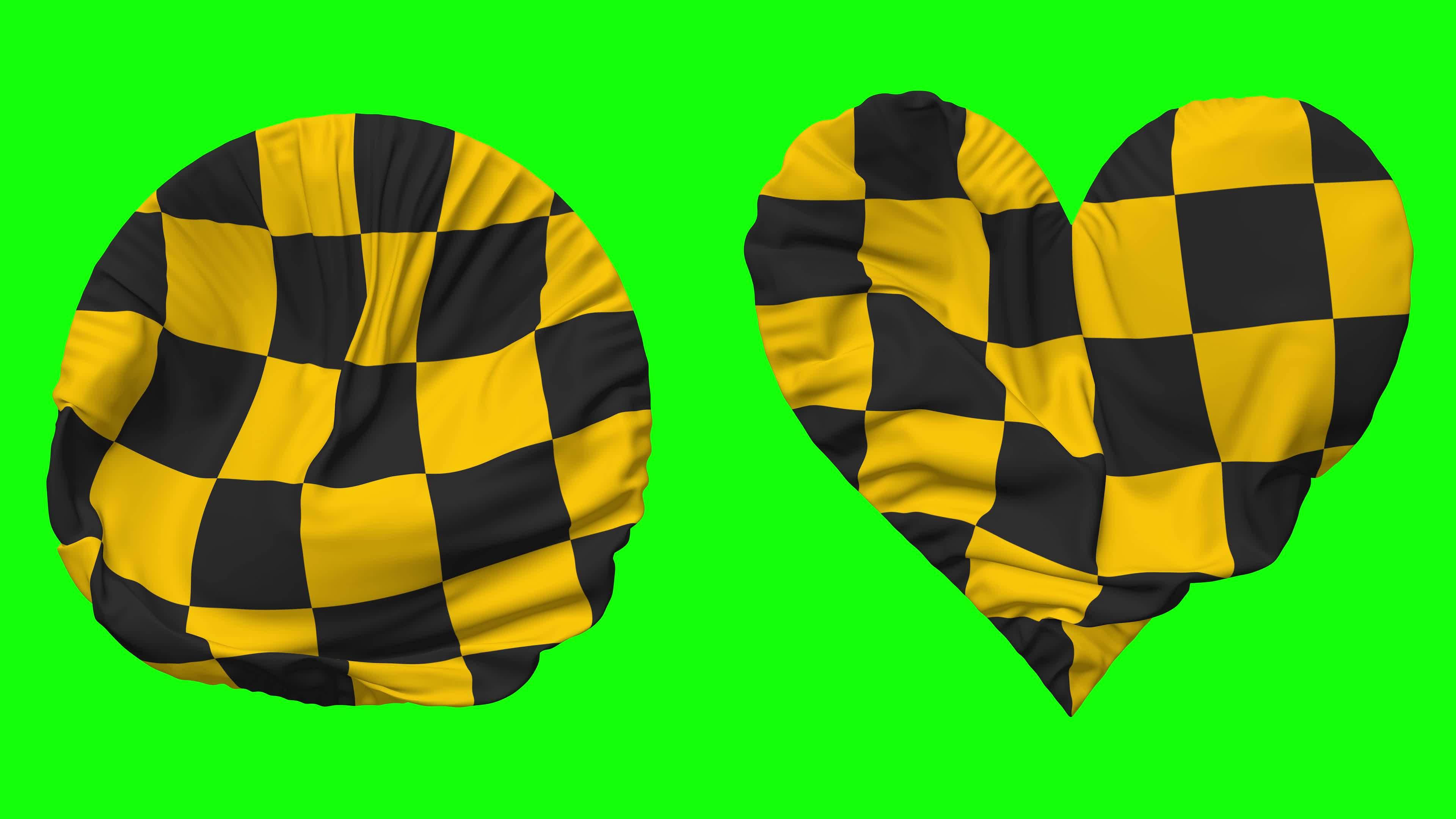 Racing Black and Yellow Checkered Flag in Heart and Round Shape Waving