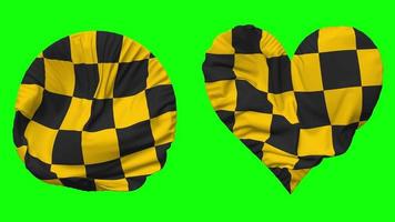 Racing Black and Yellow Checkered Flag in Heart and Round Shape Waving Seamless Looping, Looped Waving Slow Motion Flag, Chroma Key, 3D Rendering video