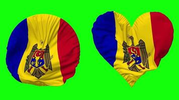 Moldova Flag in Heart and Round Shape Waving Seamless Looping, Looped Waving Slow Motion Flag, Chroma Key, 3D Rendering video