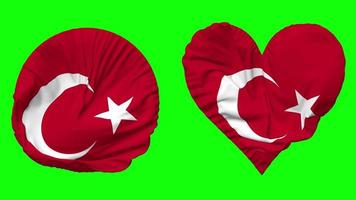 pavo, turkiye bandera en corazón y redondo forma ondulación sin costura bucle, serpenteado ondulación lento movimiento bandera, croma llave, 3d representación video