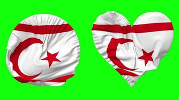 Northern Cyprus Flag in Heart and Round Shape Waving Seamless Looping, Looped Waving Slow Motion Flag, Chroma Key, 3D Rendering video