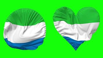 sierra leone drapeau dans cœur et rond forme agitant sans couture en boucle, en boucle agitant lent mouvement drapeau, chrominance clé, 3d le rendu video