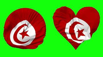 Túnez bandera en corazón y redondo forma ondulación sin costura bucle, serpenteado ondulación lento movimiento bandera, croma llave, 3d representación video