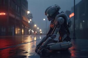 A homeless AI robot sitting on a street corner begging for a few coins created with technology. photo