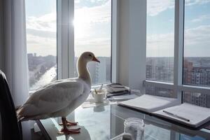 A goose with white feathers works hard at a desk in the office created with technology. photo