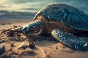 A large turtle drags itself onto a beach created with technology. photo