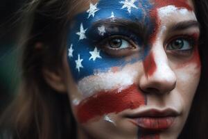 Independence day celebration close up of woman face painted with the US flag created with technology. photo