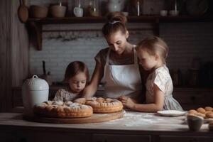 A mother baking with children in bright kitchen created with technology. photo