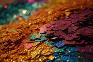 Photo realistic background texture of colourful glittering paper from above created with technology.