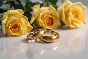 dos Boda anillos hecho de oro en un ligero superficie con algunos rosas creado con generativo ai tecnología. foto