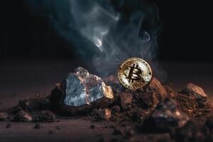 Bitcoin crypto currency mined directly from ore created with technology. photo