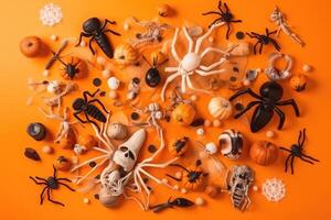 Top view on spooky halloween motifs with bones plastic spiders pumpkins and bats on an orange surface created with technology. photo