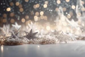 A beautiful christmas background with stars and snowflakes and soft bokeh lights on a light background created with technology. photo