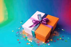 A beautiful birthday present box on a colorful background created with technology. photo