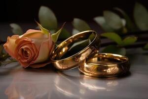 Two wedding rings made of gold on a light surface with some roses created with technology. photo