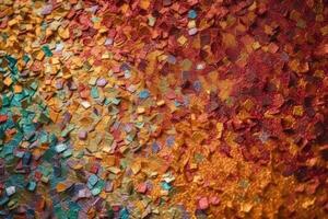 Photo realistic background texture of colourful glittering paper from above created with technology.