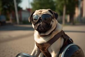 A dog riding a motorbike created with technology. photo