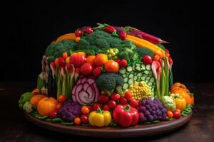 un grande pastel hecho de vistoso vegetales creado con generativo ai tecnología. foto