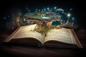 A magical book with fantasy stories coming out of the book created with technology. photo