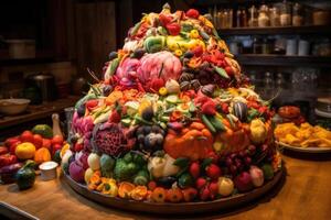 A big cake made of colorful vegetables created with technology. photo