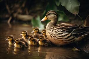 A duck mother with a lot of ducklings created with technology. photo