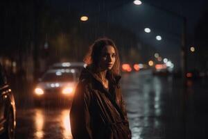 A lonely woman runs around at night in a modern city while it is raining created with technology. photo