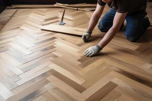 A craftsman laying parquet flooring created with technology. photo