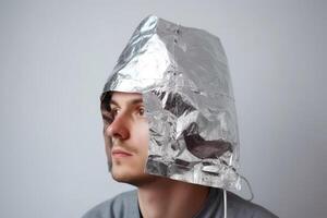 A person wears a small handmade hat made of aluminium foil on a light background to protect himself from radiation and conspiracy theory created with technology. photo