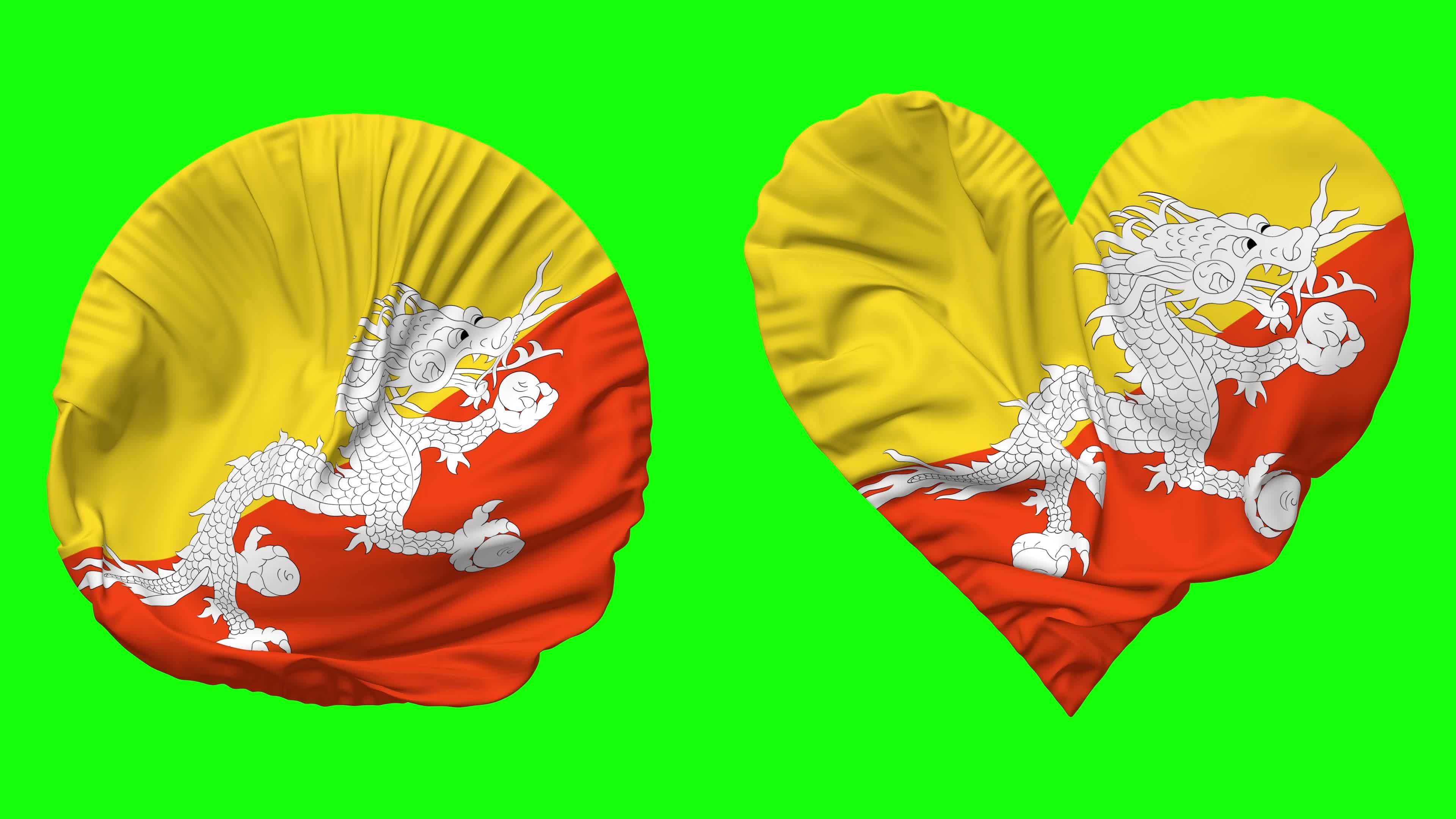 Bhutan Flag in Heart and Round Shape Waving Seamless Looping, Looped
