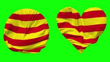 catalonia flagga i hjärta och runda form vinka sömlös looping, looped vinka långsam rörelse flagga, krom nyckel, 3d tolkning video