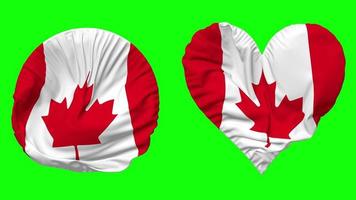 Canada Flag in Heart and Round Shape Waving Seamless Looping, Looped Waving Slow Motion Flag, Chroma Key, 3D Rendering video
