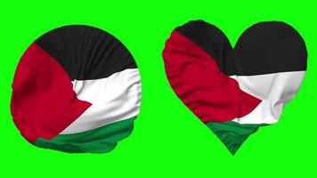 Palestine Flag in Heart and Round Shape Waving Seamless Looping, Looped Waving Slow Motion Flag, Chroma Key, 3D Rendering video