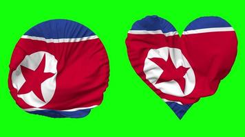 North Korea Flag in Heart and Round Shape Waving Seamless Looping, Looped Waving Slow Motion Flag, Chroma Key, 3D Rendering video