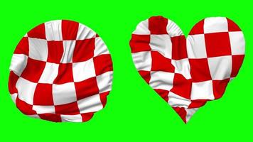 Racing Red and White Checkered Flag in Heart and Round Shape Waving Seamless Looping, Looped Waving Slow Motion Flag, Chroma Key, 3D Rendering video