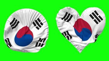 South Korea Flag in Heart and Round Shape Waving Seamless Looping, Looped Waving Slow Motion Flag, Chroma Key, 3D Rendering video