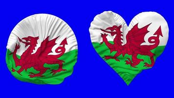 Wales Flag in Heart and Round Shape Waving Seamless Looping, Looped Waving Slow Motion Flag, Chroma Key, 3D Rendering video