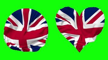 United Kingdom Flag in Heart and Round Shape Waving Seamless Looping, Looped Waving Slow Motion Flag, Chroma Key, 3D Rendering video