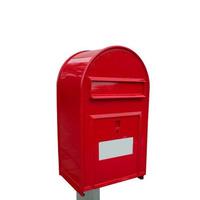 Big fancy red metal postbox with white empty note space for address isolated at white background. Concept of communication and post service. photo