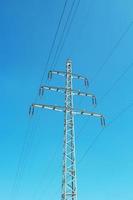 Cover page with modern high voltage electrical power towers and wire lines in Germany, in the blue sky and sunset colors and copy space. Concept of energy supply and energy crisis. photo