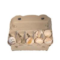 Eggs packaging carton box with 5 broken chicken eggs and one not, with drawn unhappy face on it, isolated at white background. Concept for uncertainty, fate, fear, cruelty of life, sacrifices. photo