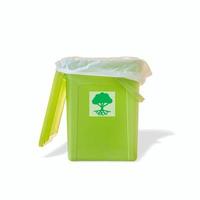 Green garbage trash bin with bag with its shadow and growing green tree symbol isolated at white background. Concept of waste recycling and environment. photo