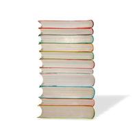 Big pile of colorful paperback books with its shadow isolated at white background. Concept of education, knowledge and paper recycling. photo